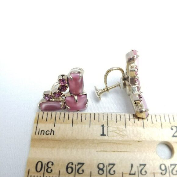 Vintage Pink Rhinestone Clip On Screw Back Earrings, Milky Opaque, 60s 70s - Picture 4 of 6